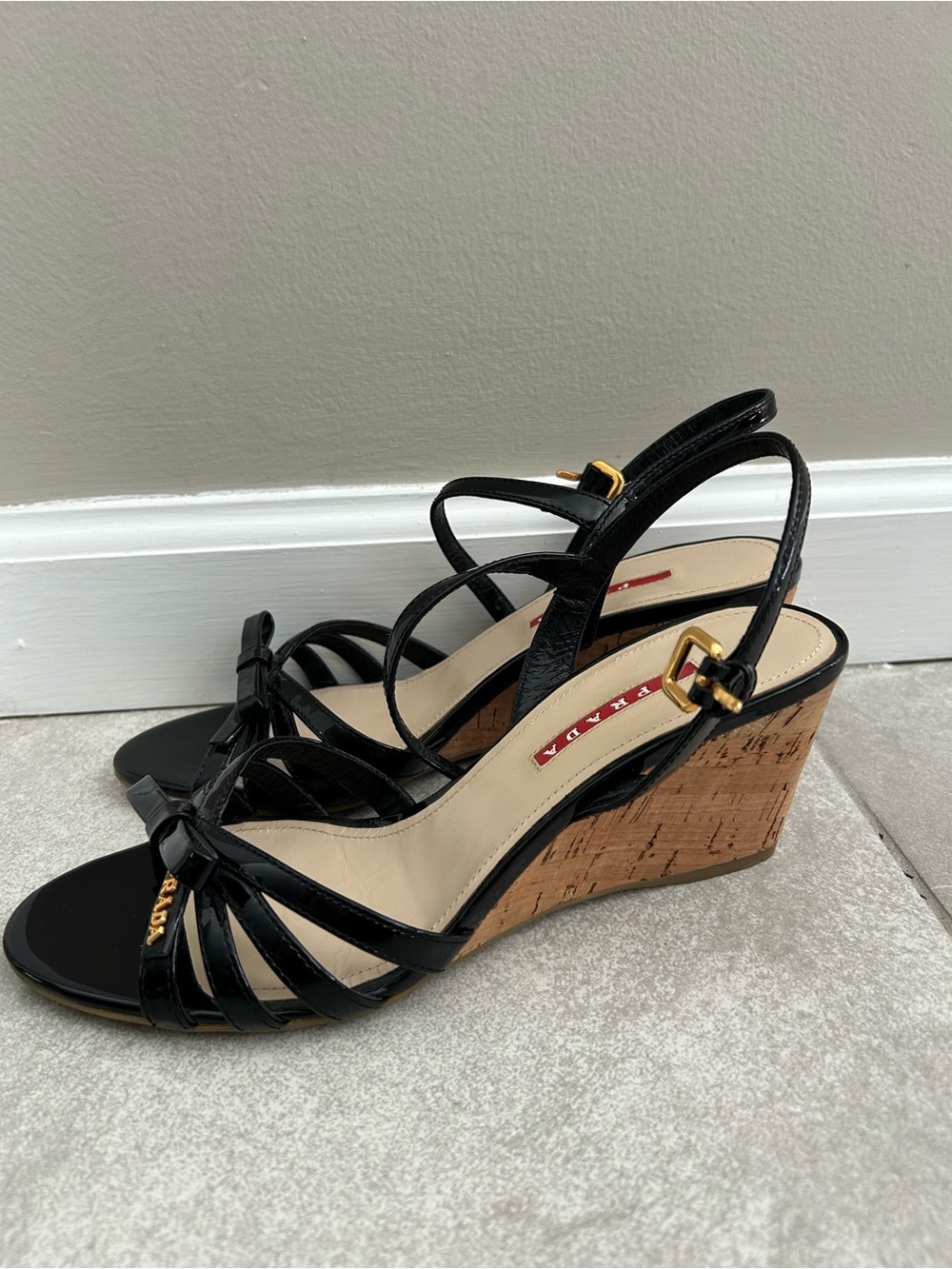 Prada Linea Rossa Black Patent Leather Cork Wedge Sandals Size 38 US 8